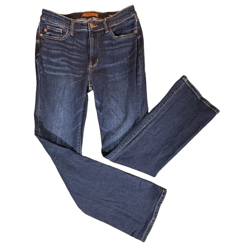 Judy Blue Jeans Womens 15 32 Bootcut Mid Rise Dark Wash Whiskered Stretch Denim